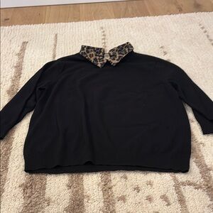 Black Sweater with Leopard Print Collar Talbots size XL petite